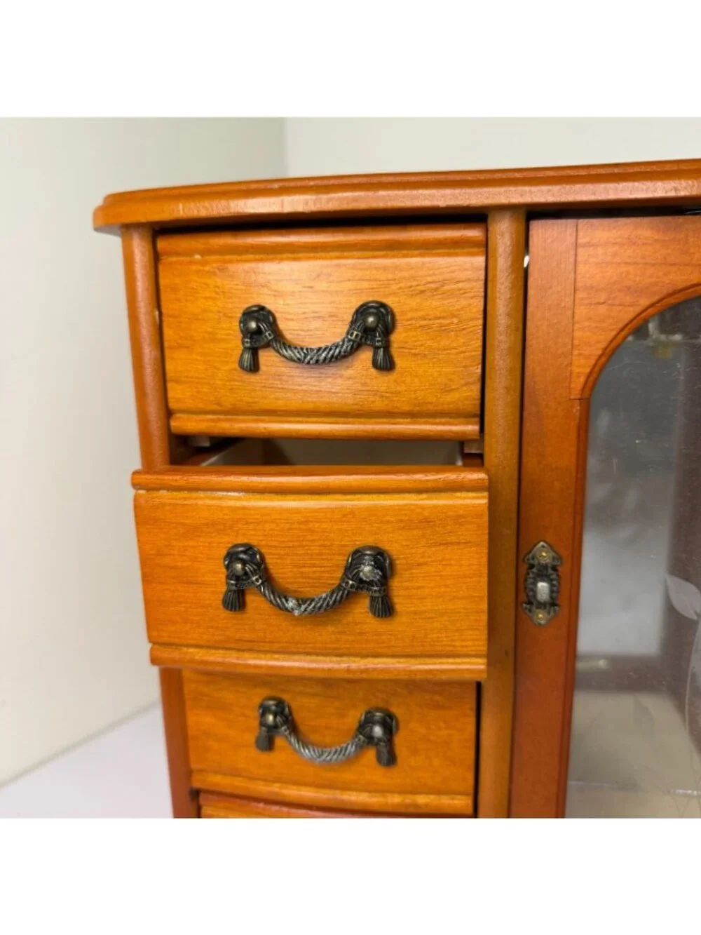 Vintage Wood Jewelry Box Armoire & Drawers Mirror Glass Door Necklace Storage